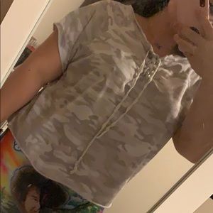 Grey and White Camo Print Tee with CrissCross Tie